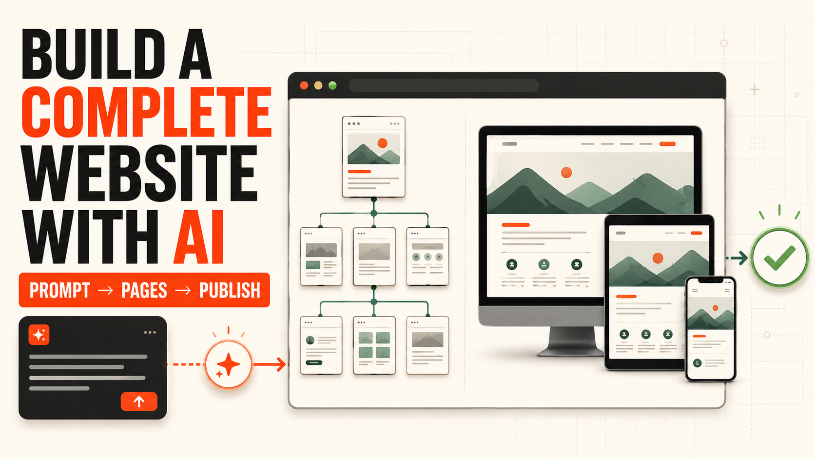 AI website-building workflow from prompt to responsive pages and publishing
