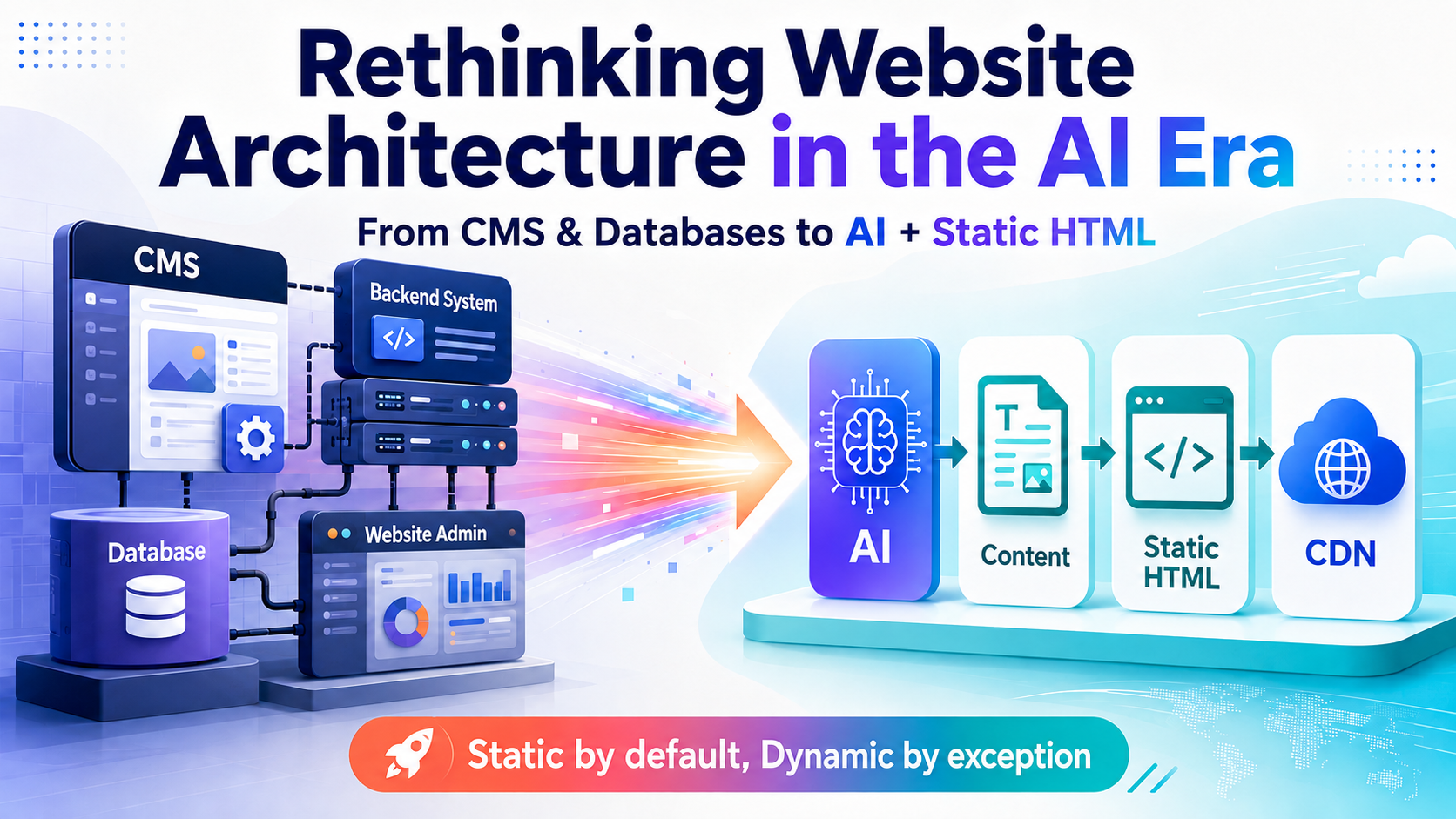 AI-era website architecture moving from CMS and databases to AI, content, Static HTML, and CDN delivery