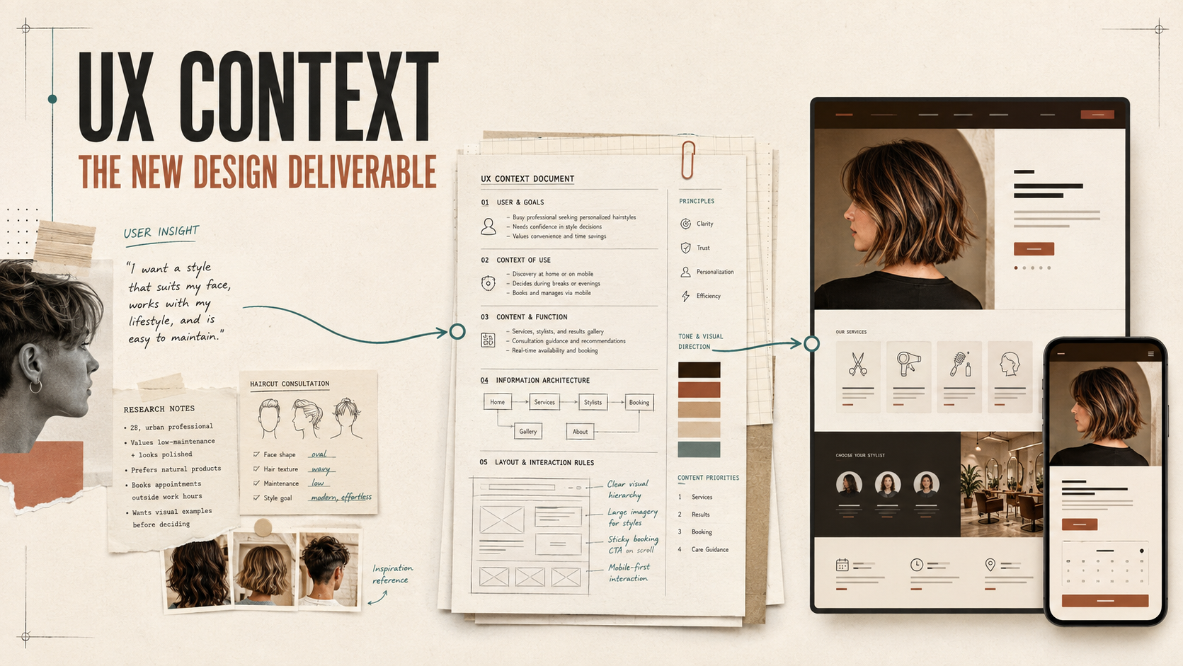 A workflow from hair-service research and a UX Context document to an AI-generated booking interface