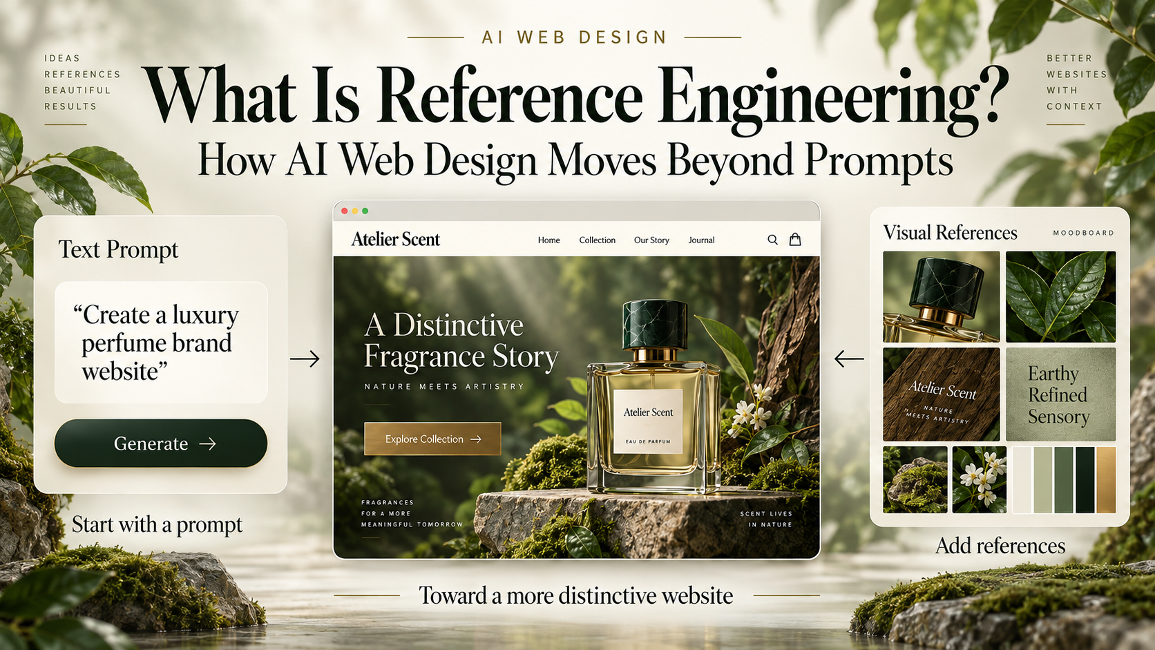 Reference Engineering concept for AI web design, using a forest-inspired luxury perfume brand as the visual example