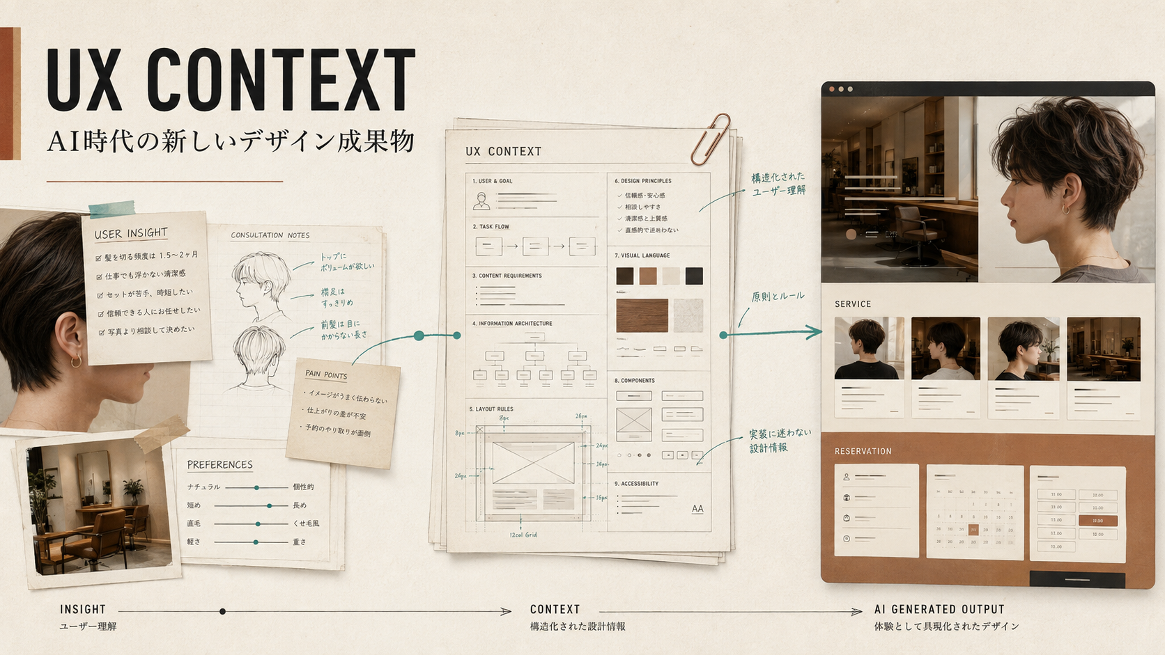 ヘアサービスのリサーチとUX Context文書から、AIが予約画面を生成するまでの流れ