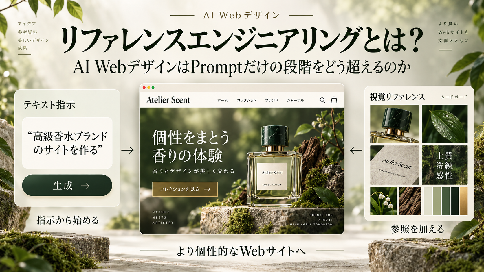 森林をイメージした香水ブランドを例に、Promptと視覚リファレンスを組み合わせるリファレンスエンジニアリングを示すメインビジュアル