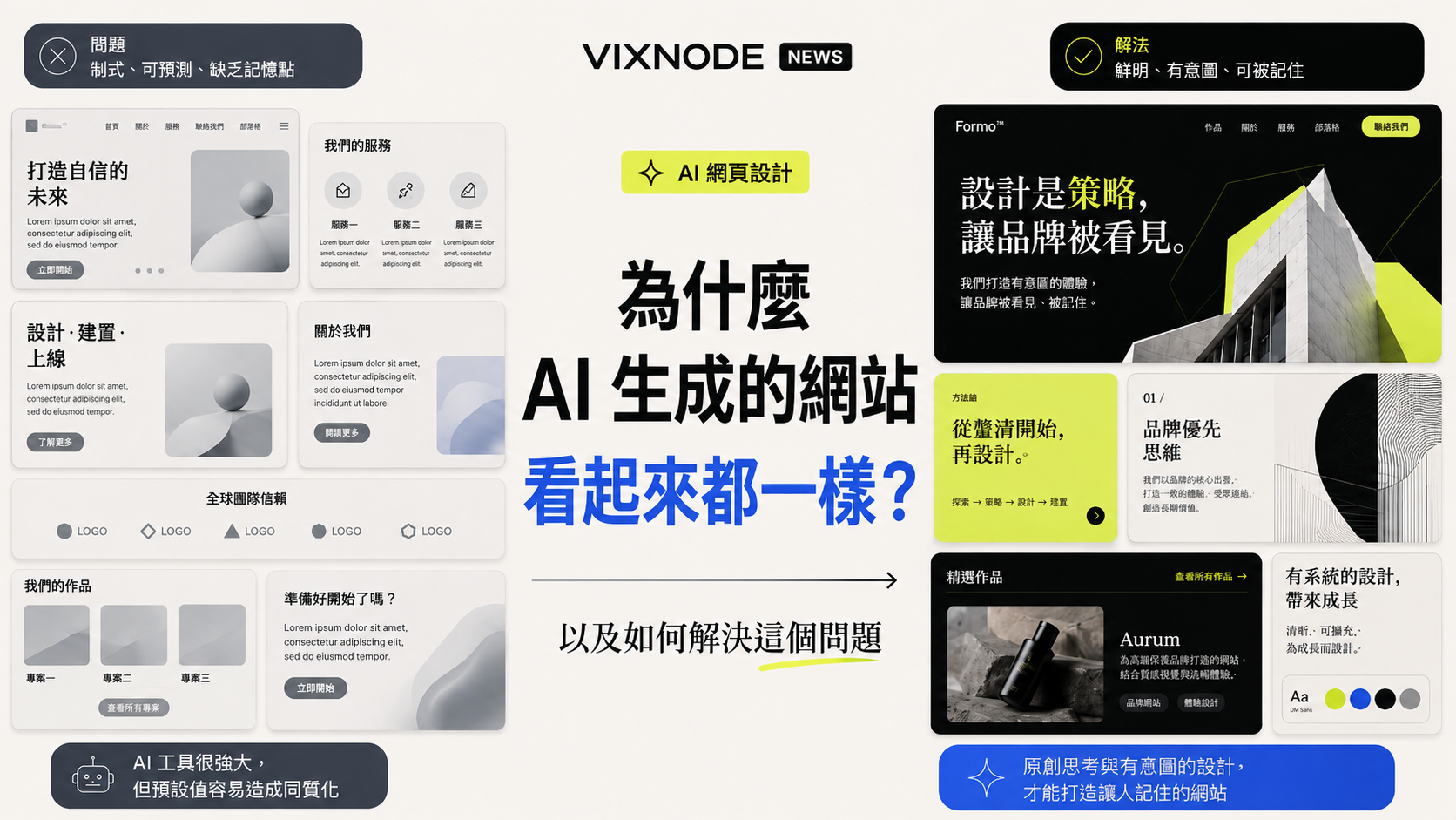AI 生成網站同質化與品牌導向設計的對比主視覺