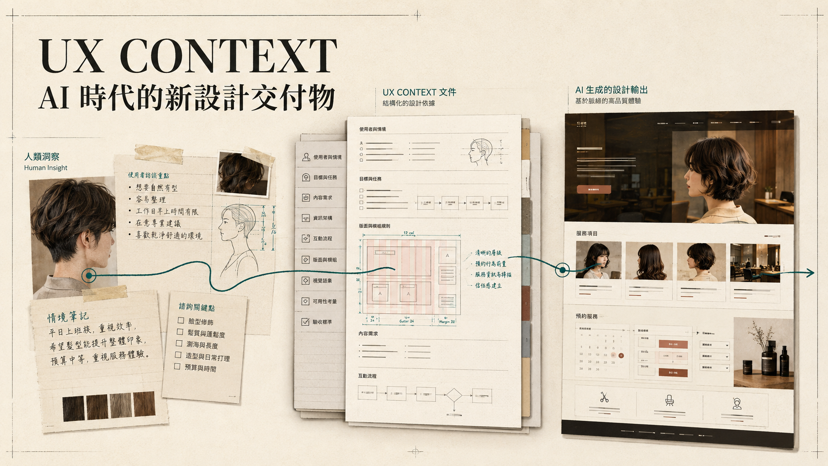 從髮型服務研究、UX Context 文件到 AI 生成預約介面的流程示意圖