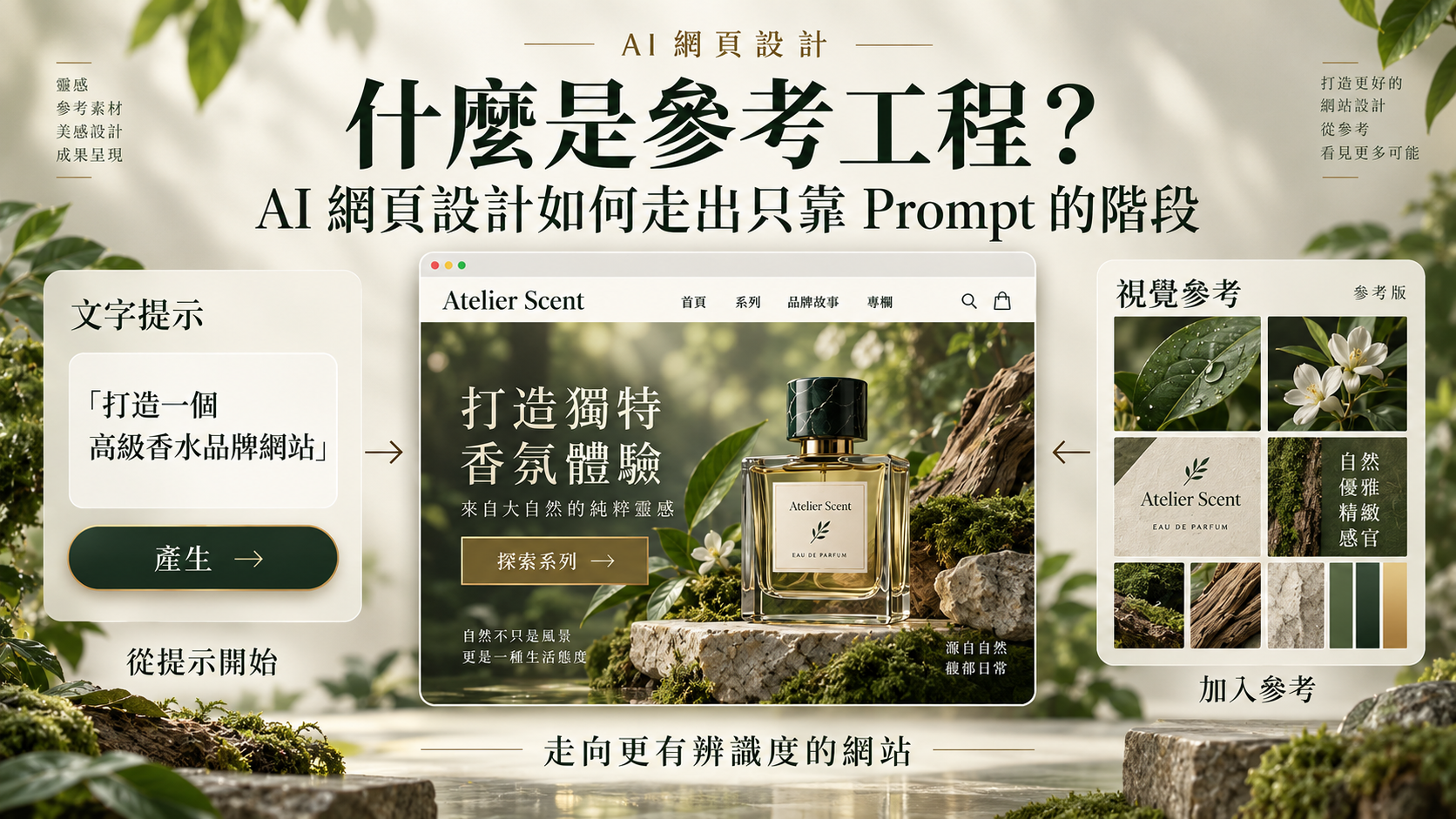 參考工程主視覺,以森林系香水品牌示範 Prompt 與視覺參考如何共同形成網站設計方向