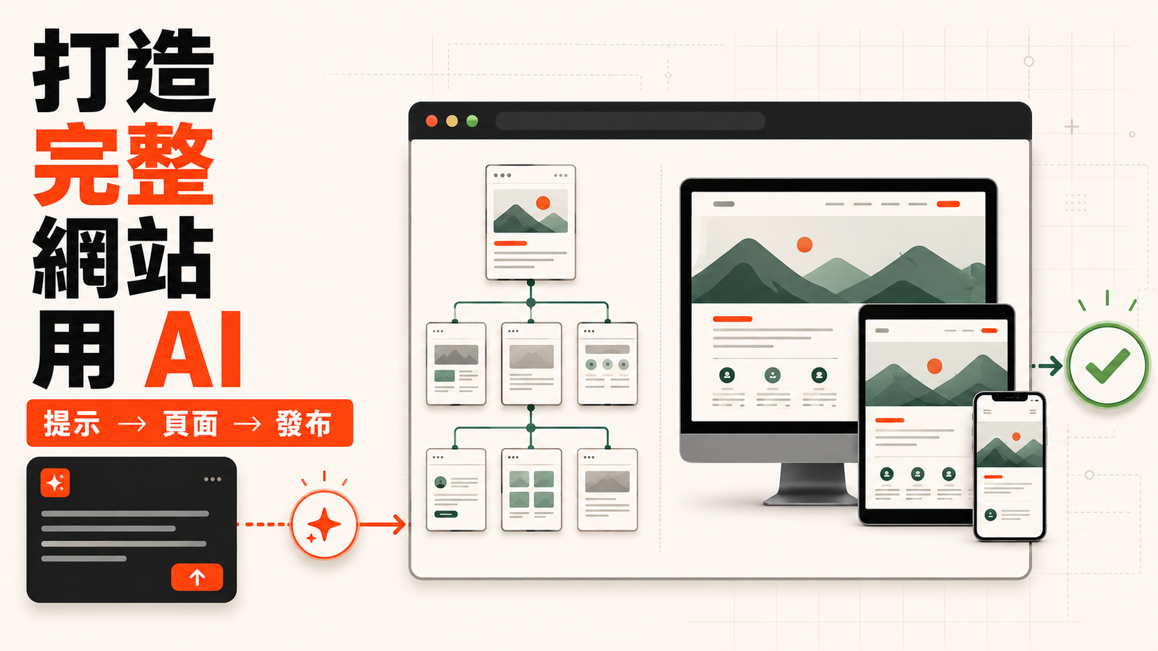 AI website-building workflow from prompt to responsive pages and publishing